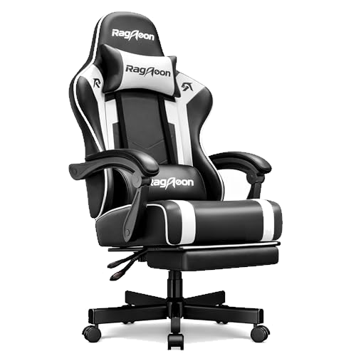 Gaming Stuhl Chair Gamer Sessel - Ergonomischer Gamer Stuhl mit Fußstütze Kopfstütze und Lordosenstütz Höhenverstellbar Gepolstert Gamingstuhl 200 Kg Schwarz