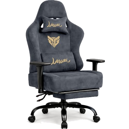 Gaming Stuhl Chair Gamer Sessel-Stoff Wildlederimitat Gamer Stuhl mit Fußstütze Lendenkissen Kopfstütze Höhenverstellbar 3D Armlehnen mit Mehrfach Verstellbaren Armen Gamingstuhl 150 Kg Drehbarer Grau