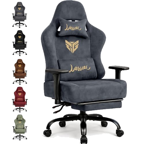 Gaming Stuhl Chair Gamer Sessel-Stoff Wildlederimitat Gamer Stuhl mit Fußstütze Lendenkissen Kopfstütze Höhenverstellbar 3D Armlehnen mit Mehrfach Verstellbaren Armen Gamingstuhl 200 Kg Grau