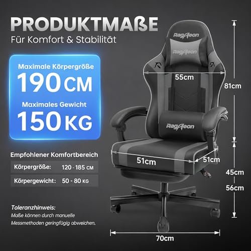 Riftracer Gaming Stuhl Chair Gamer Sessel - Ergonomischer Gamer Stuhl mit Fußstütze Kopfstütze und Lordosenstütz Höhenverstel