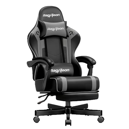 Riftracer Gaming Stuhl Chair Gamer Sessel - Ergonomischer Gamer Stuhl mit Fußstütze Kopfstütze und Lordosenstütz Höhenverstellbar Gepolstert Gamingstuhl 200 Kg Tragkraft Schwarz und Grau